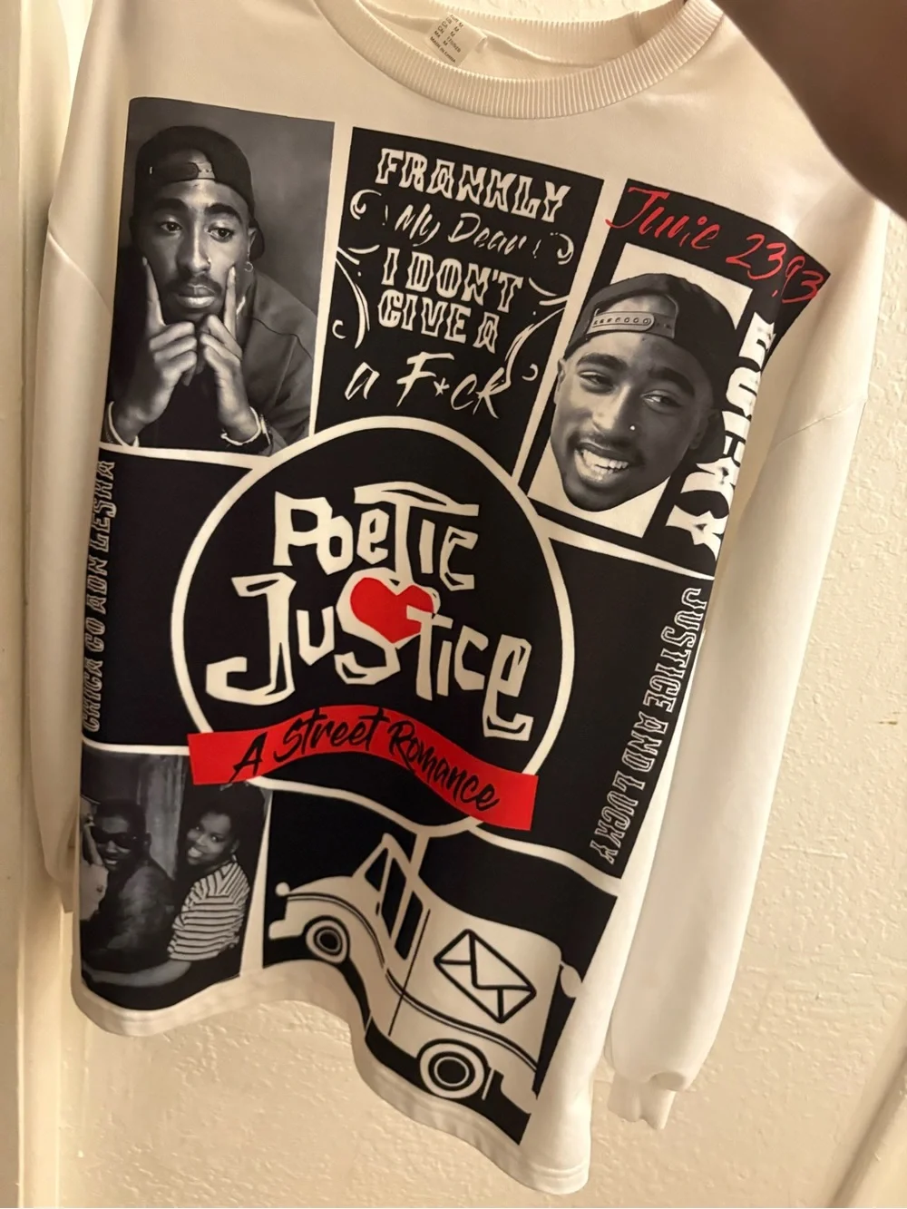 Poetic Justice Graphic Pullover Sweatshirt - White with Black & Red Print